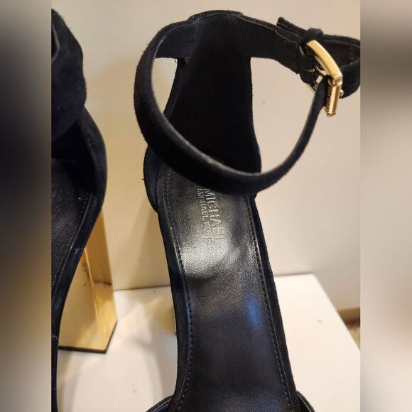Michael Kors "Petra" Black Suede Gold Metal Heel Platform Sandals Sz.8 Ret.$175 - Picture 11 of 12